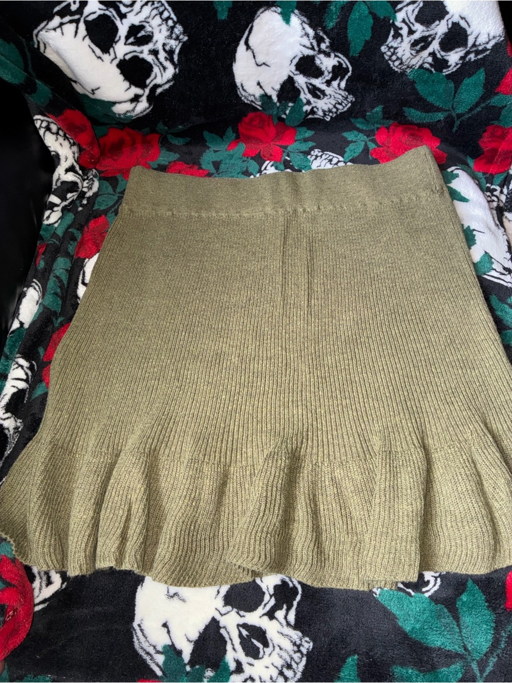 Olive Green Knit Ruffle Hem Skirt
